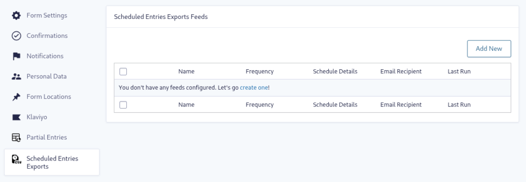 Feed management page showing empty scheduled export