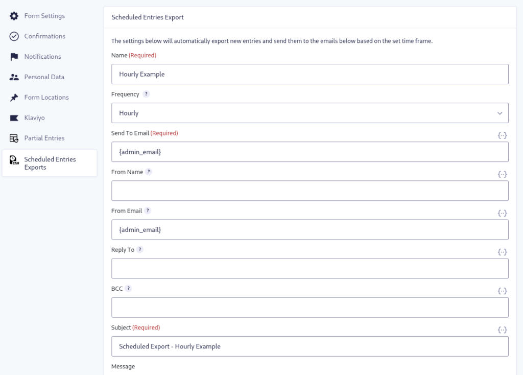 Feed setting for an hourly entry export