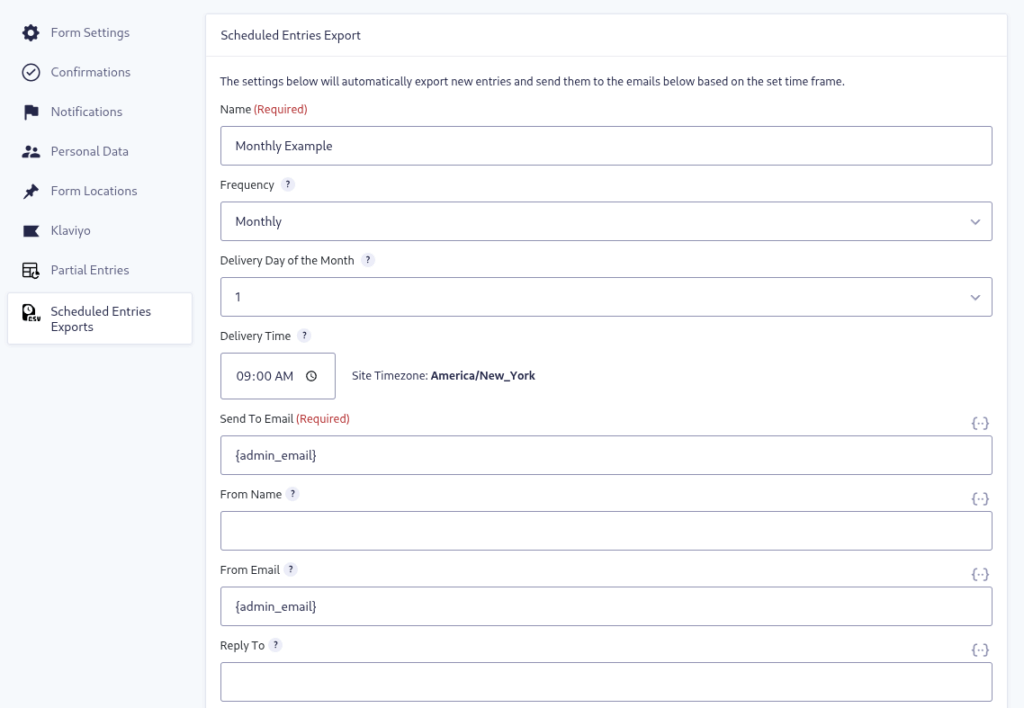 Feed setting for an monthly entry export