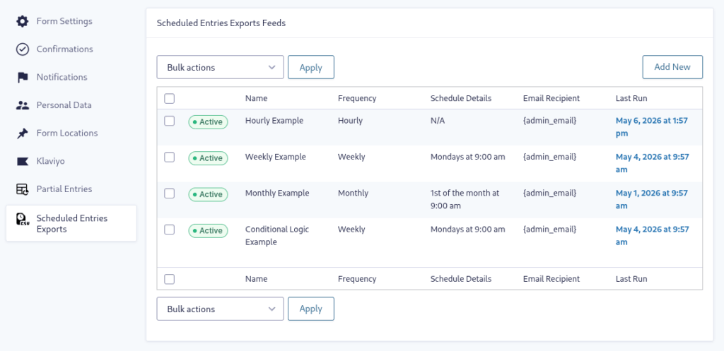 Feed management page showing all the scheduled export