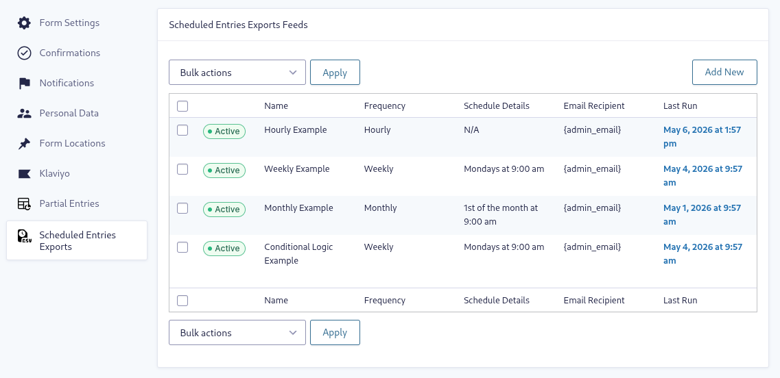 Feed management page showing the multiple feed you can set up.