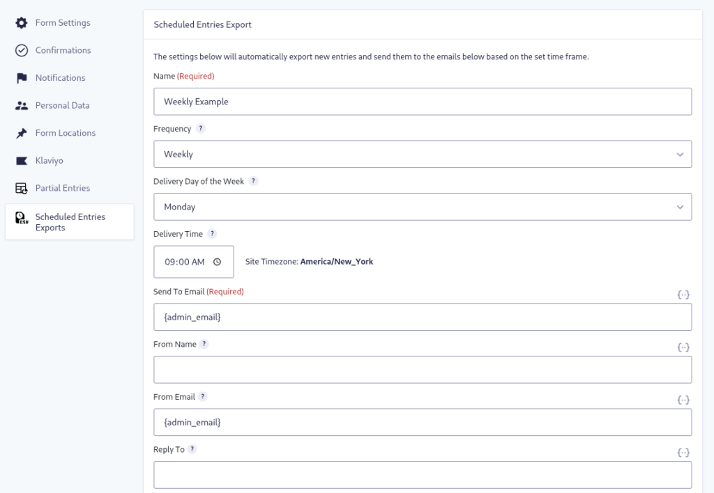 Feed setting for an weekly entry export