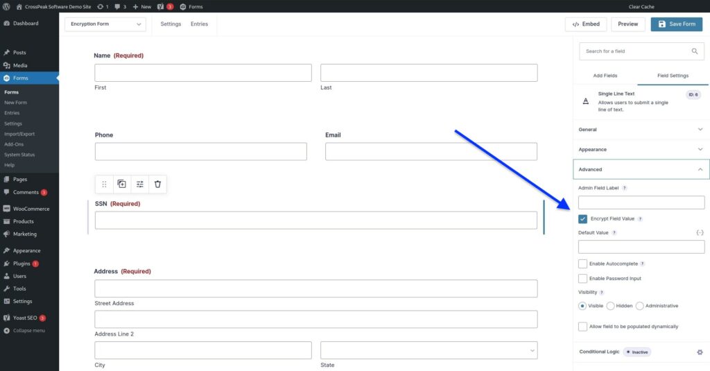 Arrow pointing at "Encrypt Field Value" checkbox.