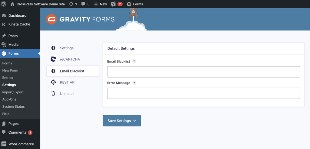 Showing the blacklist settings on the backend