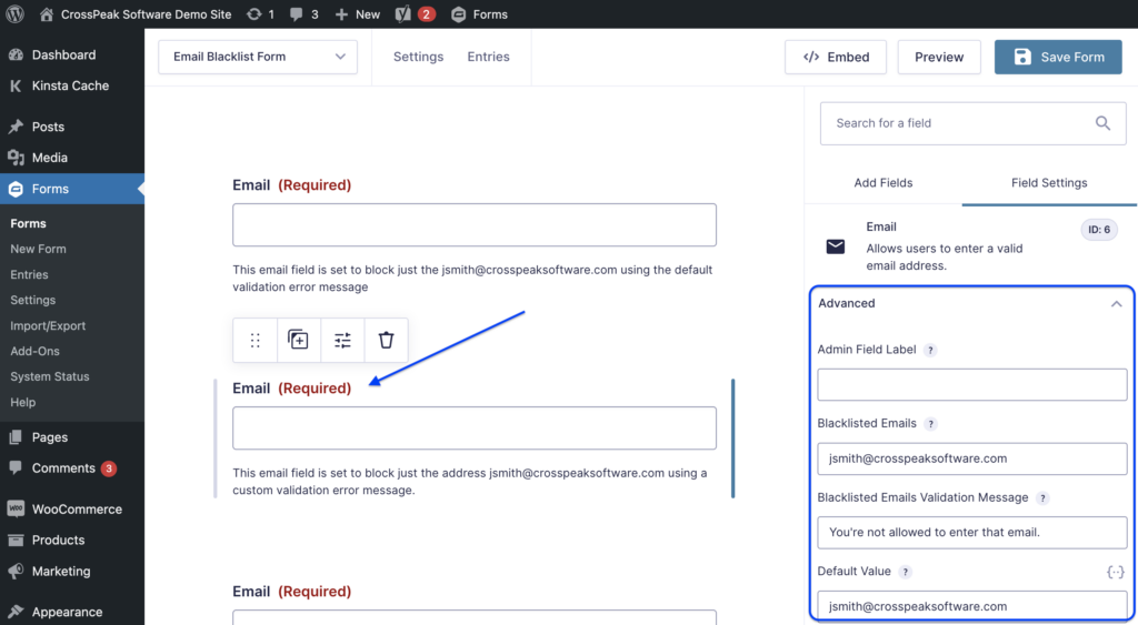 Showing the advanced email settings for the email blacklist form plug-in