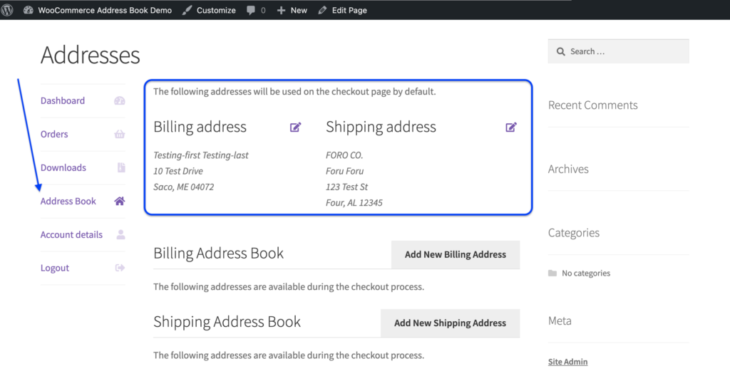 Showing the address settings on backend