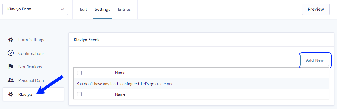 Screenshot showing empty Klaviyo feed section.