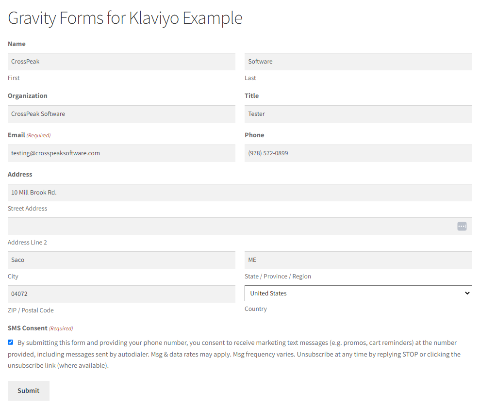 Screenshot of Gravity Forms for Klaviyo example form.