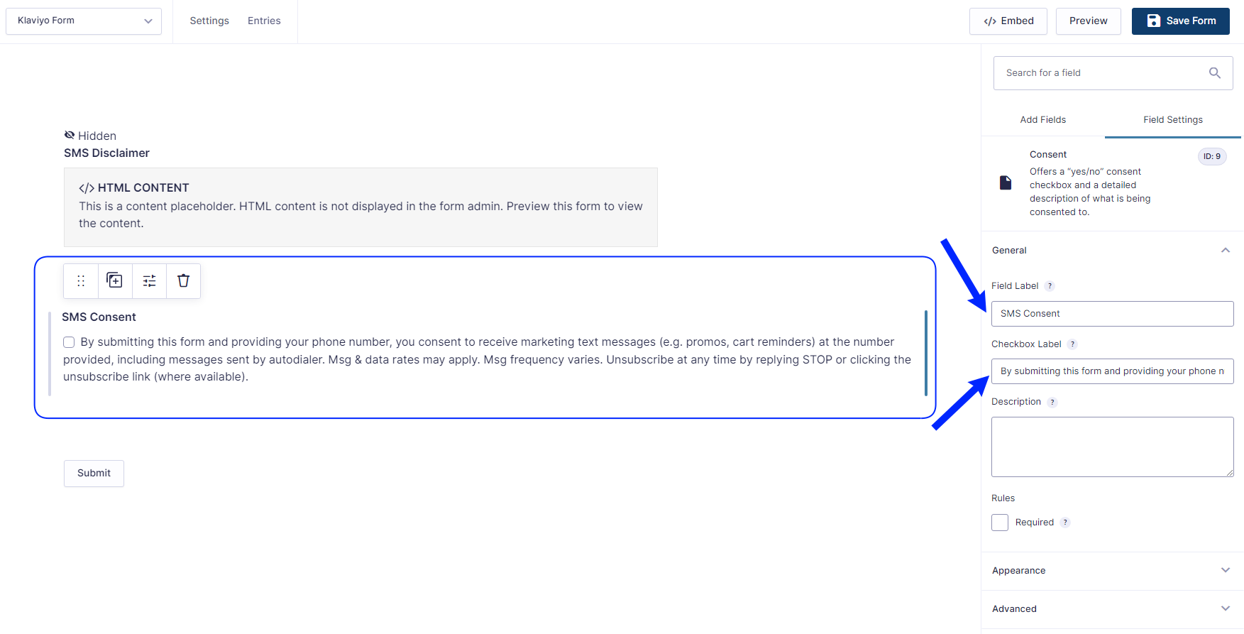 Screenshot of optional SMS consent field in form edit page.