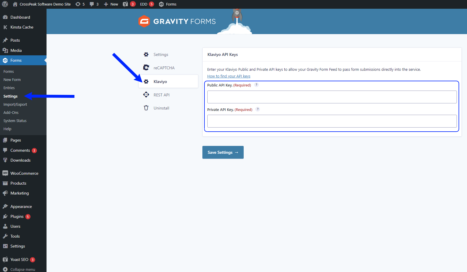 Screenshot showing textboxes for entering public and private Klaviyo API keys.
