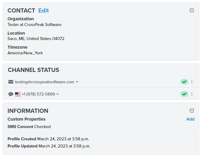 Screenshot of profile in Klaviyo.