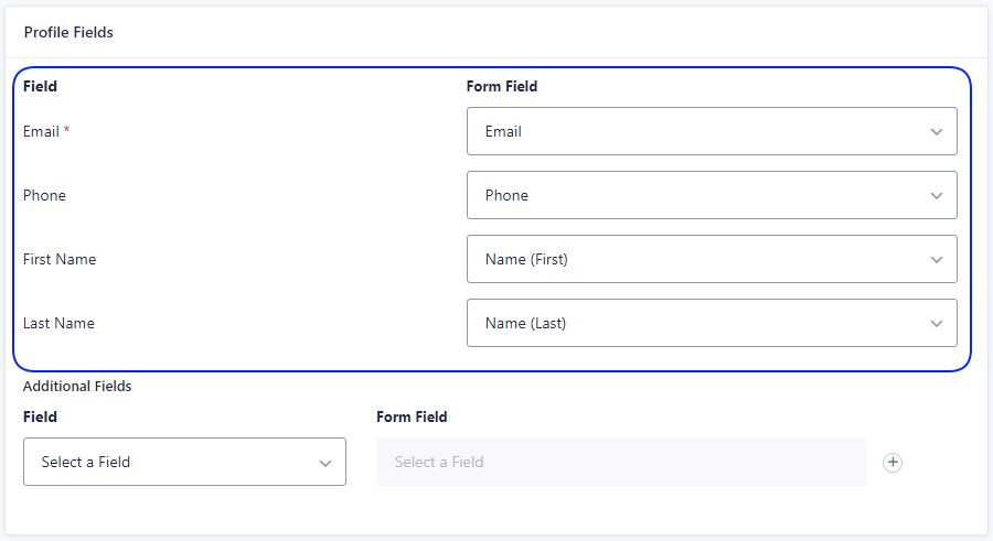 Screenshot of profile fields options.