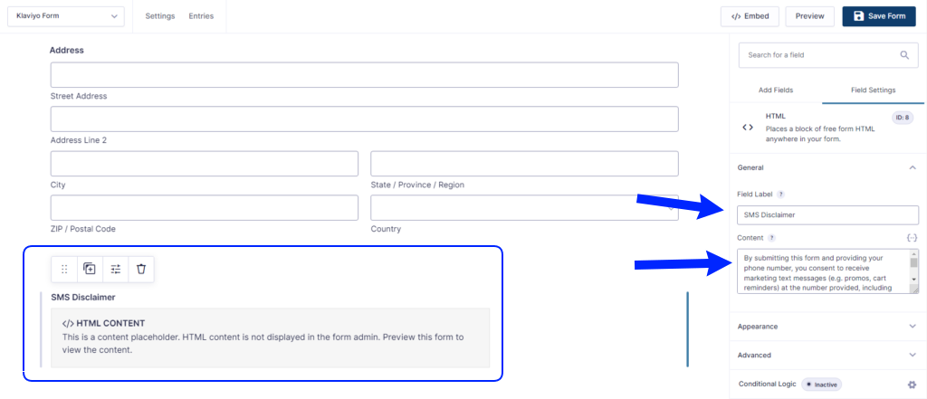 Screenshot of SMS disclaimer field in form edit page.