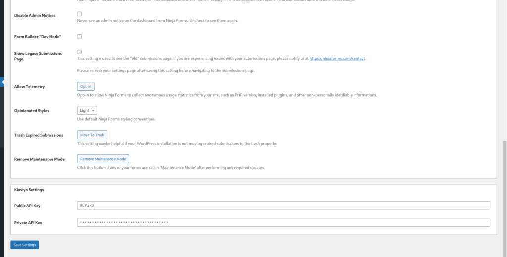 Ninja Forms for Klaviyo API settings page