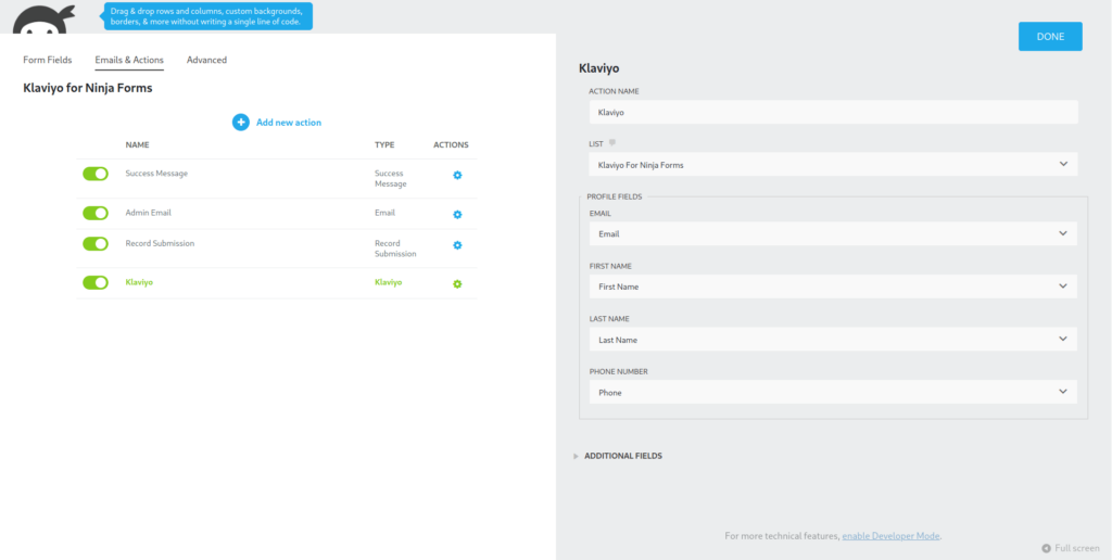 Ninja Forms for Klaviyo action settings