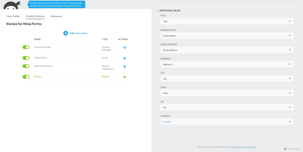 Ninja Forms for Klaviyo mapping advance fields settings