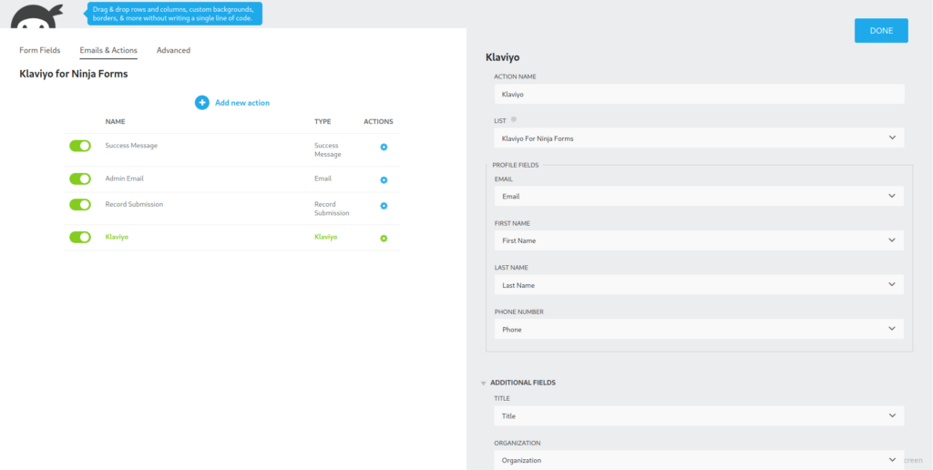 Ninja Forms for Klaviyo mapping basic field settings