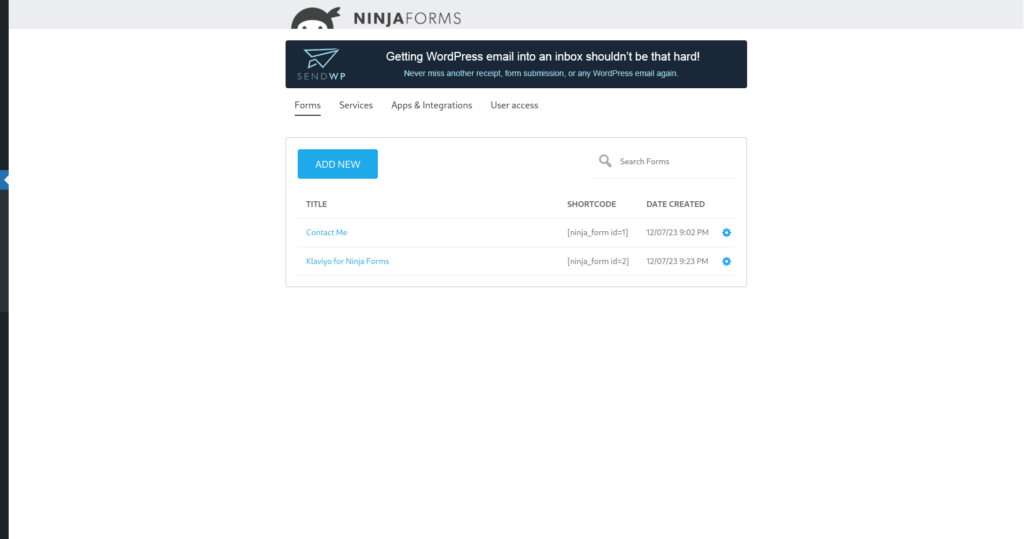 Ninja Forms, form management page