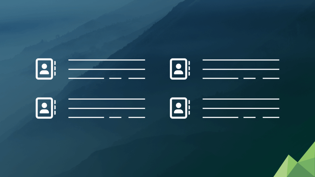 An abstract digital illustration featuring four stylized white address book icons with placeholder lines, set against a moody, dark blue mountain landscape background.