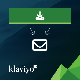 A conceptual graphic for a Klaviyo integration featuring a green download bar with an arrow pointing down toward a white envelope icon. The Klaviyo logo is in the bottom left, set against a dark blue mountain landscape background.