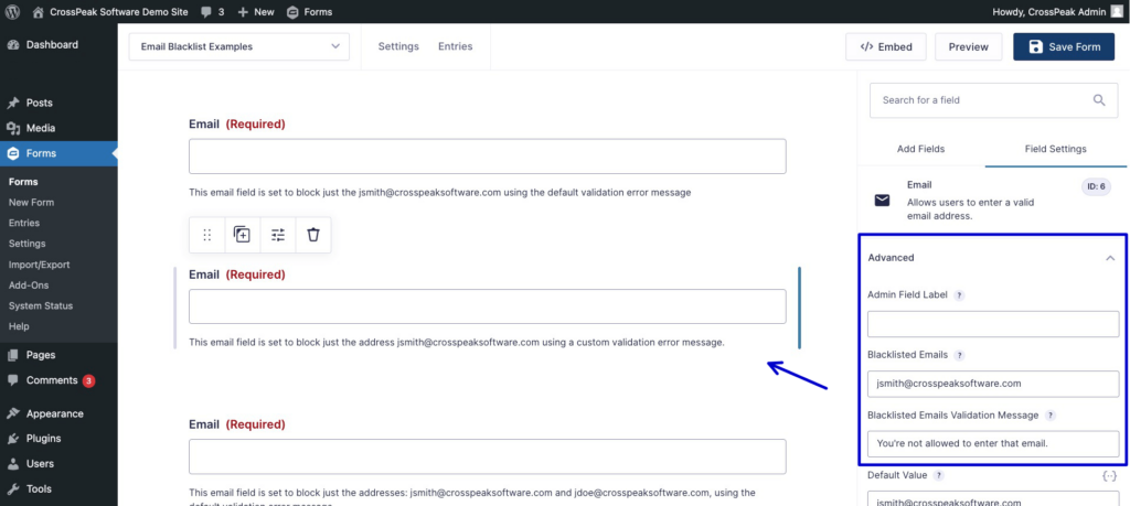 Showing the advanced email settings for the email blacklist form plug-in