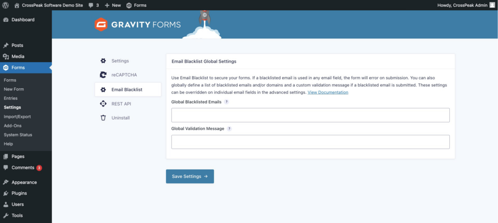 Gravity Forms Email Blacklist Global Settings Page